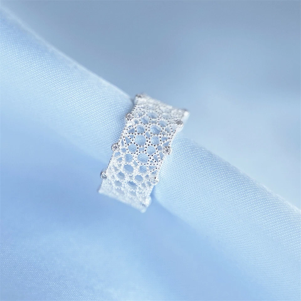 Argento Sterling Zirconia Cubica Filigrana Pizzo Floreale Aperto Fedina - Immagine 4 di 4