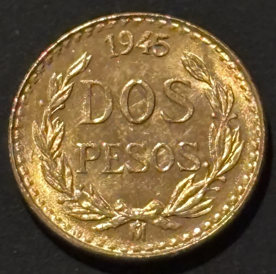 Moneda de Oro Dos Pesos México 1945 - 90% Fina - Lingotes de Inversión Brillantes Foto 2 de 3
