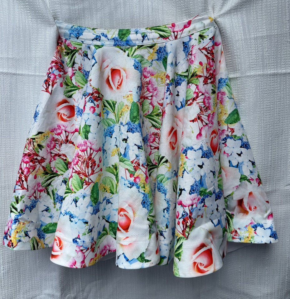Dotti Floral Circle Skirt Size 12 White Pink Rose A-Line Flare Spring Party Boho