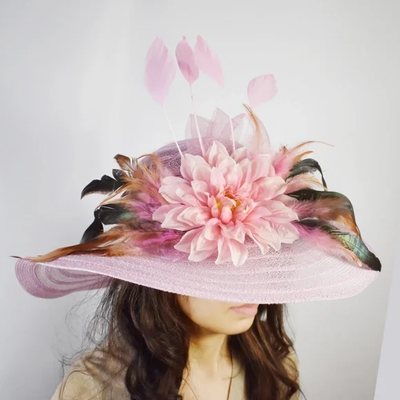 Purple Pink Flower Feather Wide Kentucky Derby Hat Purple Feather Flower Wide Brim Royal Kentucky Derby Hat Tea  main image 2
