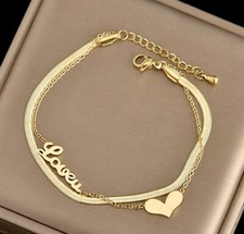 Women Girl Titanium Stainless Steel Heart Love Double chain Bracelet 6.25-8.5"