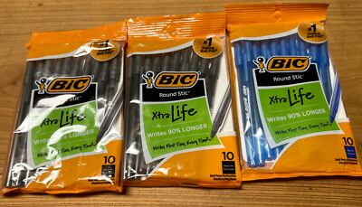 3 Pack BiC Round Stic Xtra Life Ball Pen, Medium, 2 Black, 1 Blue , 10 Ct Ea