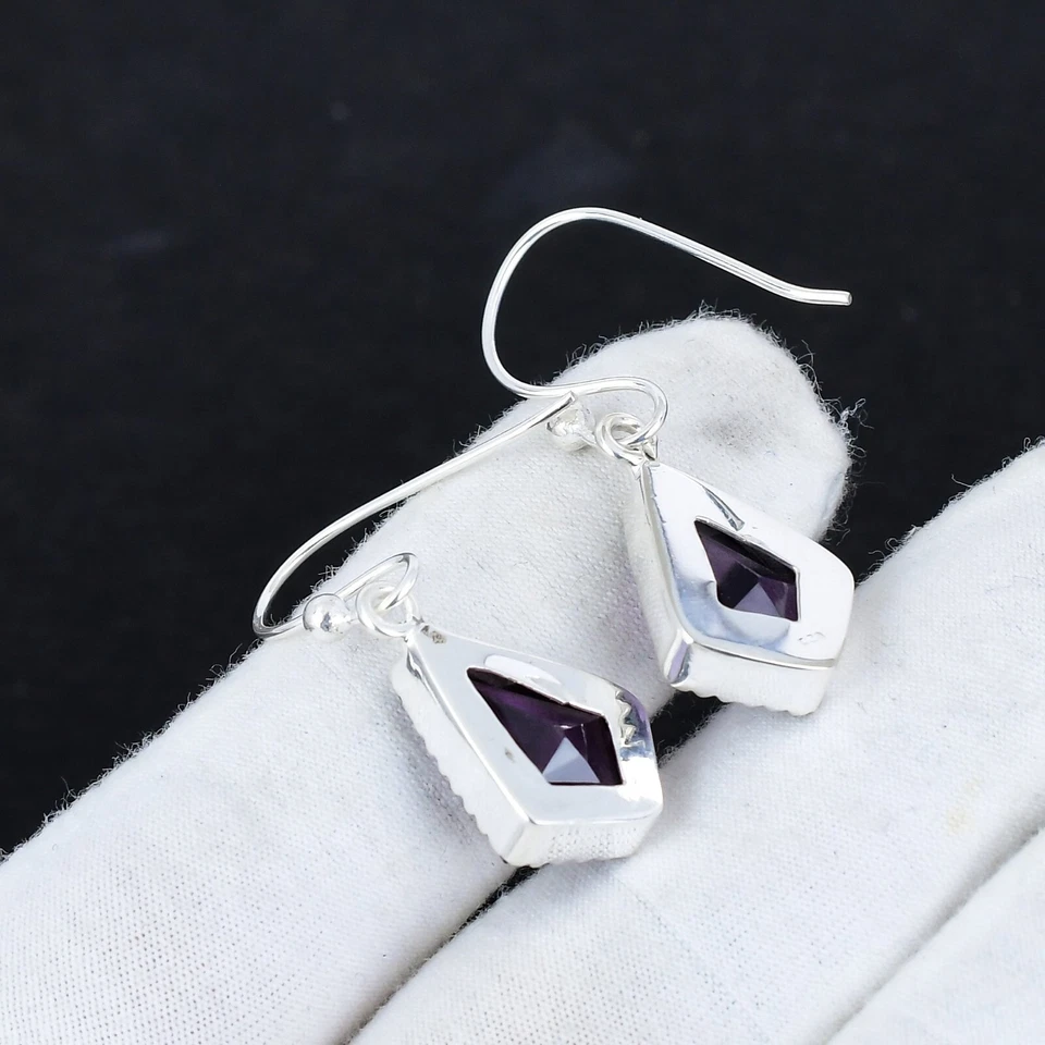 Orecchini In Argento Sterling 925 Con Gemma Di Ametista Fatti A Mano Per Regalo - Immagine 3 di 4