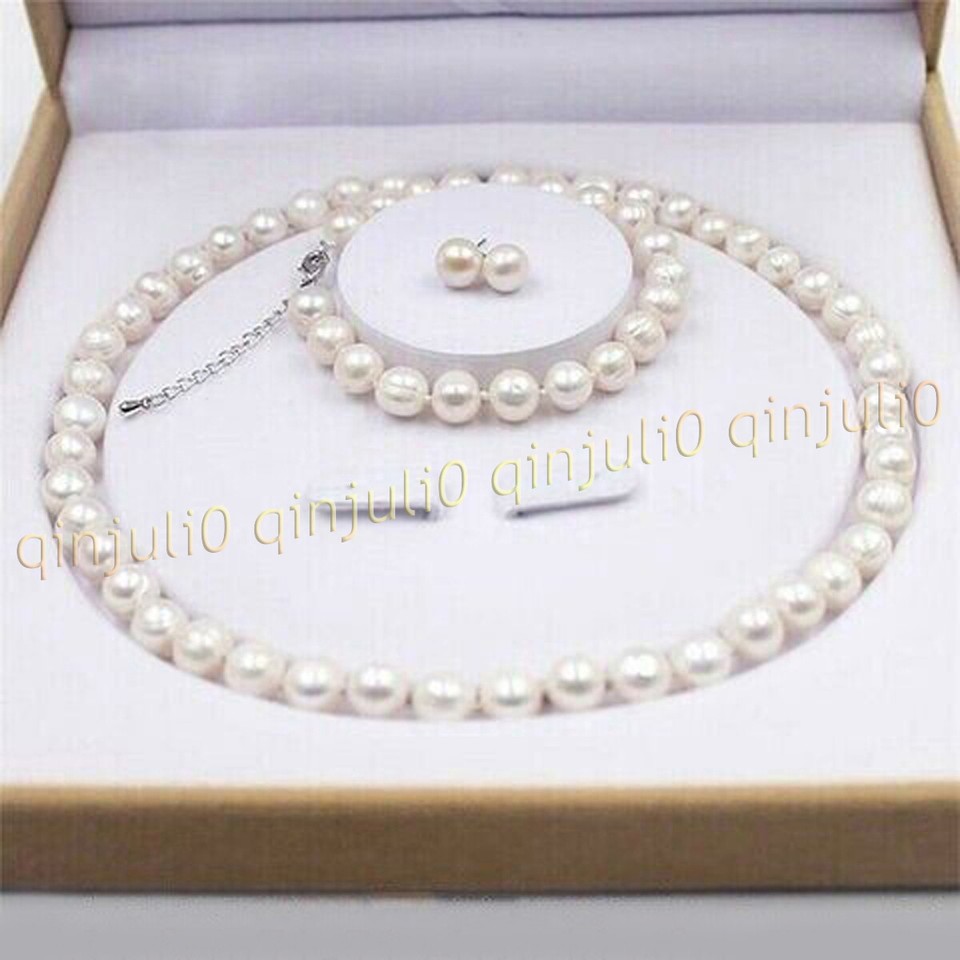 Parure De Bijoux 14 Carats Or Jaune - Collier, Bracelet Et Boucles D'oreilles Perles Blanches (cubic Zirconia)