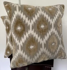 2 Ryan Studio Beige White Gray Throw Pillows + Feather Inserts PAIR 22”