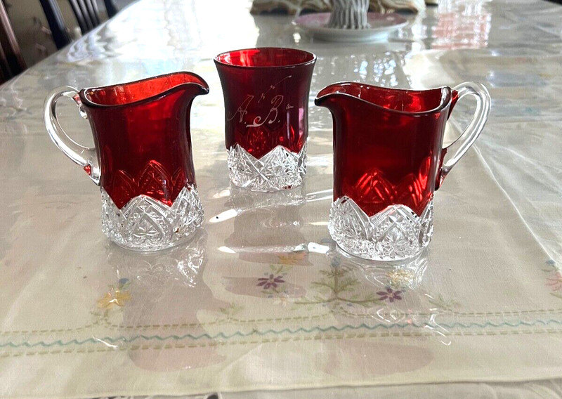 THREE EAPG RUBY RED FLASH GLASS creamer/pitcher and inital from the late 1800's