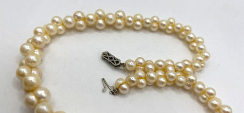 Antique Twin Pearl Necklace 18K White Gold & Natural Sapphire Clasp 18" RARE JCS - Picture 9 of 15