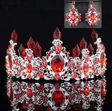 Queen Floral Red Austrian Rhinestone Crystal Tiara Crown Set Bridal Prom T7R
