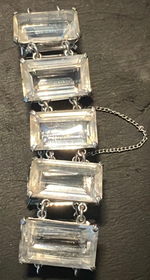 Rock Crystal Quartz Emerald Cut Bracelet Sterling Silver Deco Japan Antique Vtg - Image 2 of 4