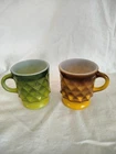 VINTAGE ANCHOR HOCKING FIRE KING DIAMOND POINT MUGS GREEN BROWN SET OF 2  319