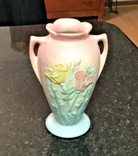 Vintage HULL Pottery POPPY Matte Pink Double Handles Vase # 607-6 1/2"