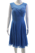 Azazie Womens Textured Sleeveless Scoop Neck Zip A-line Dress Blue Size 10