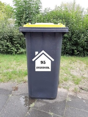 Mülltonnen Aufkleber Haus-Optik  mit Hausnummer, Straßenname oder Name wählbar