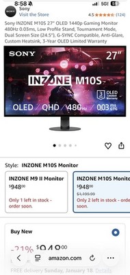Sony INZONE M10S 27'' OLED QHD 1440p 480Hz Gaming Monitor G-SYNC Anti-Glare