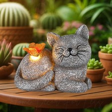 Cat Garden Statue with Solar LED Butterfly Light Outdoor Sculpture Yard Decor