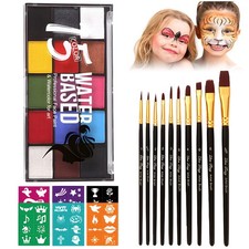 Water Activated Face Painting Kit - 15 Colors, Brushes, Stencils, Non-Toxic