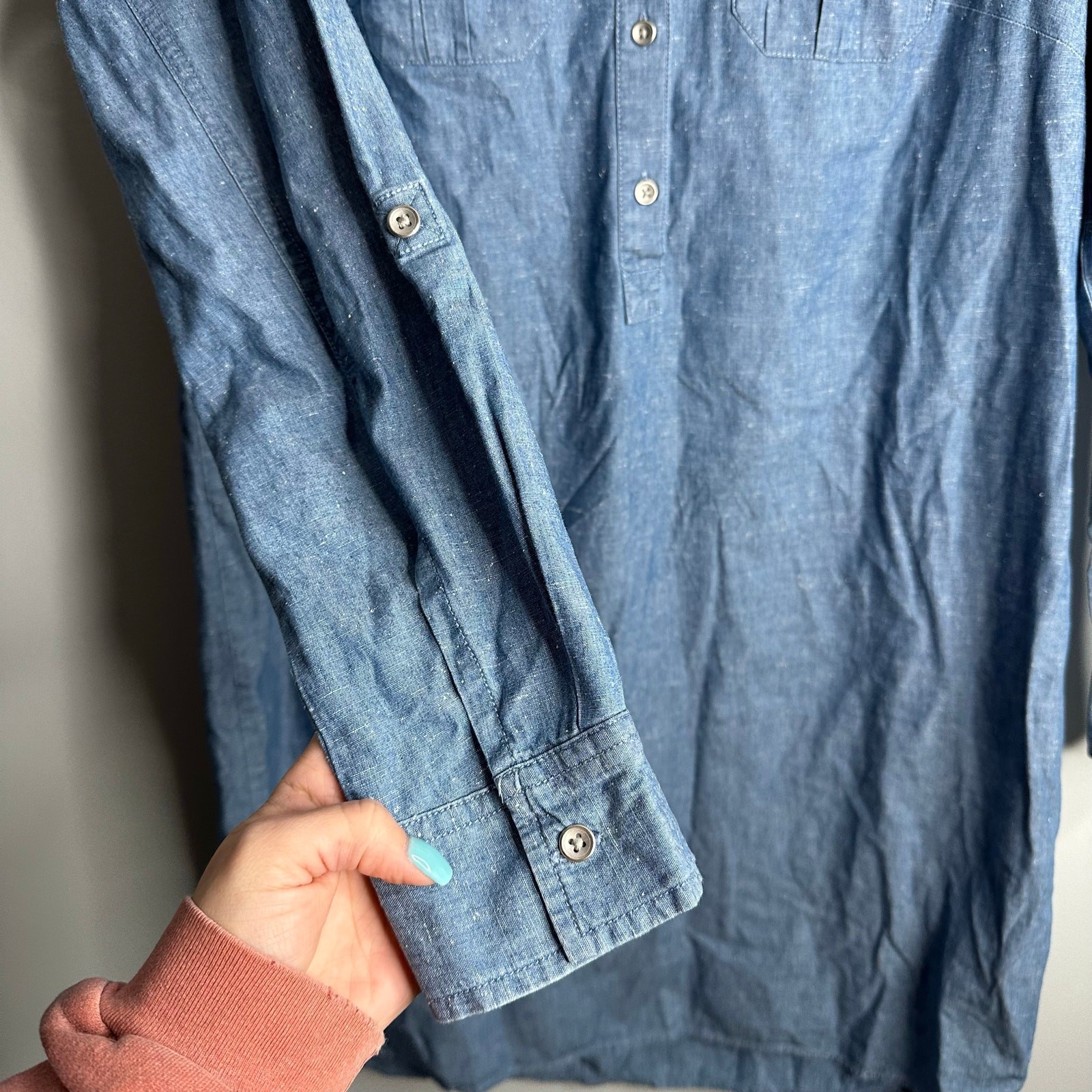 Tommy Hilfiger Women's Cotton Chambray Rolled Sleeve Denim Shirt Dress Size L thumbnail 3