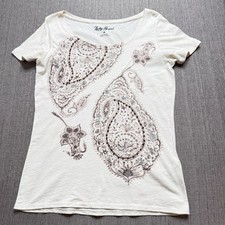 Lucky Brand Womens Cream Paisley Beaded Slub Cotton Scoop Neck T-Shirt Medium