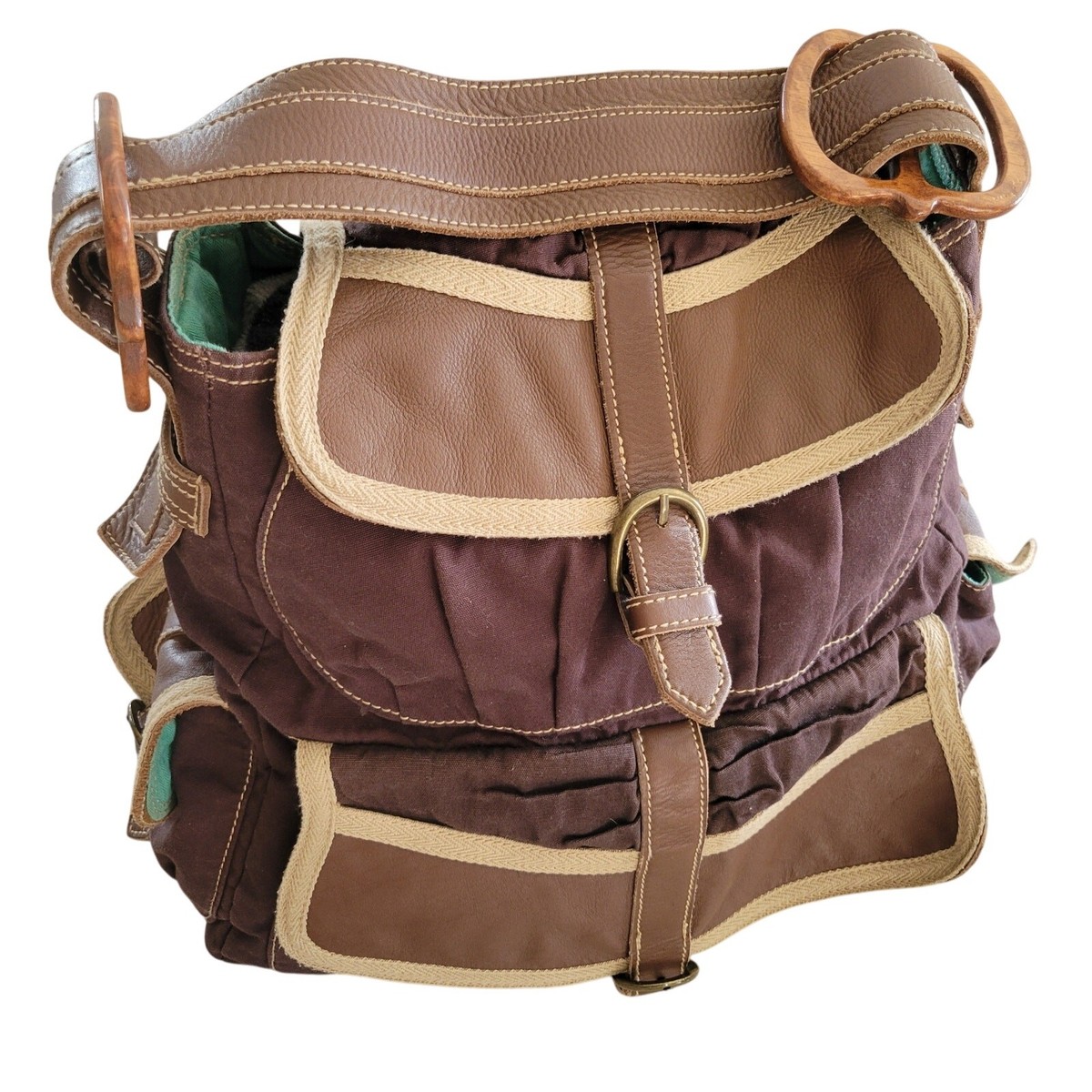 バッグ GAP y2k canvas messenger bag VTG GAP Y2K Canvas Brown Wood Top Handle Flap Pocket
