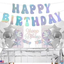 Iridescent Disco Party Decorations Set - Banner, Cutlery, Balloons & Toppers