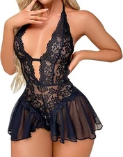 Women's Sexy Bodysuit Lingerie Backless Nightwear Sheer Lace Babydoll Underwear