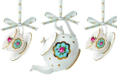 Royal Albert Mini Tea Service 3 PC ORNAMENT SET Polka Blue New Country Roses NEW