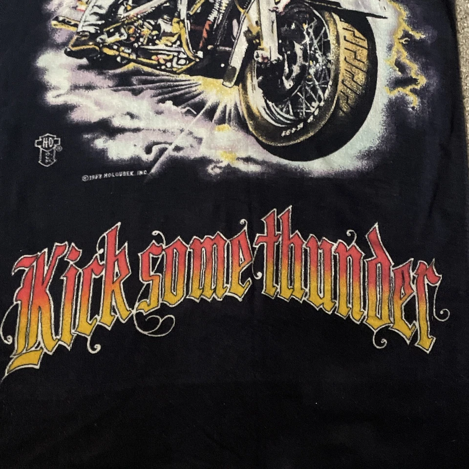 Vintage 1980s Harley Davidson Kick Some Thunder Beach Towel Motorcycle - Image 3 of 4