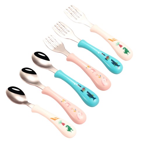 3 sets of Toddlers Tableware Stainless Steel Reusable Spoon and Fork Cartoon