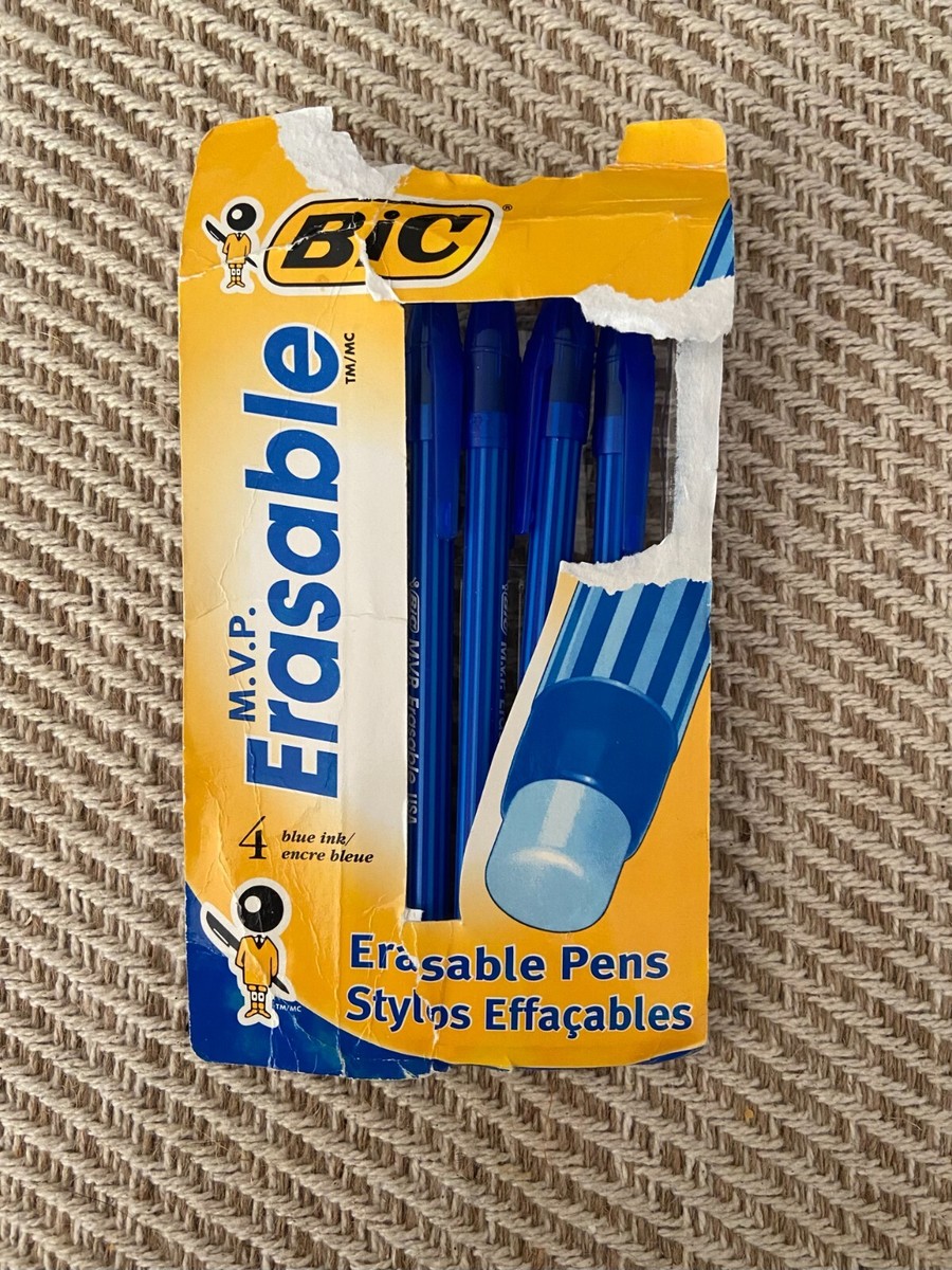 Pkg of 4 Vintage Bic M.V.P. Erasable BLUE Ink Pens USA 1998 Open