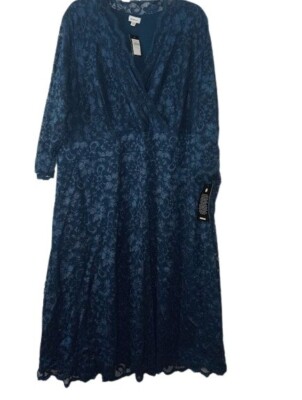 Avenue Womens Love Lace A Line Midi Dress Teal Blue Floral Plus 30/32