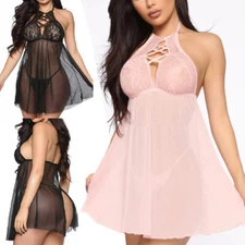 Women Sexy Lingerie Halter Chemise Babydoll Mature Lace Sleepwear G-String Set