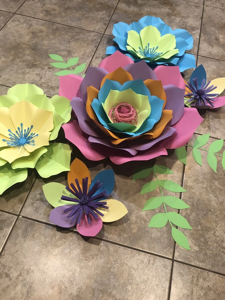 Бумажные цветы набор из 5 с листьями, фон, детская комната, тролли, кокосовая тема - Изображение 2 из 4