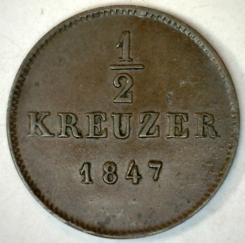 1847 German States WÜRTTEMBER 1/2 Kreuzer Copper World Coin Germany Extra Fine - 第 1/2 張圖片