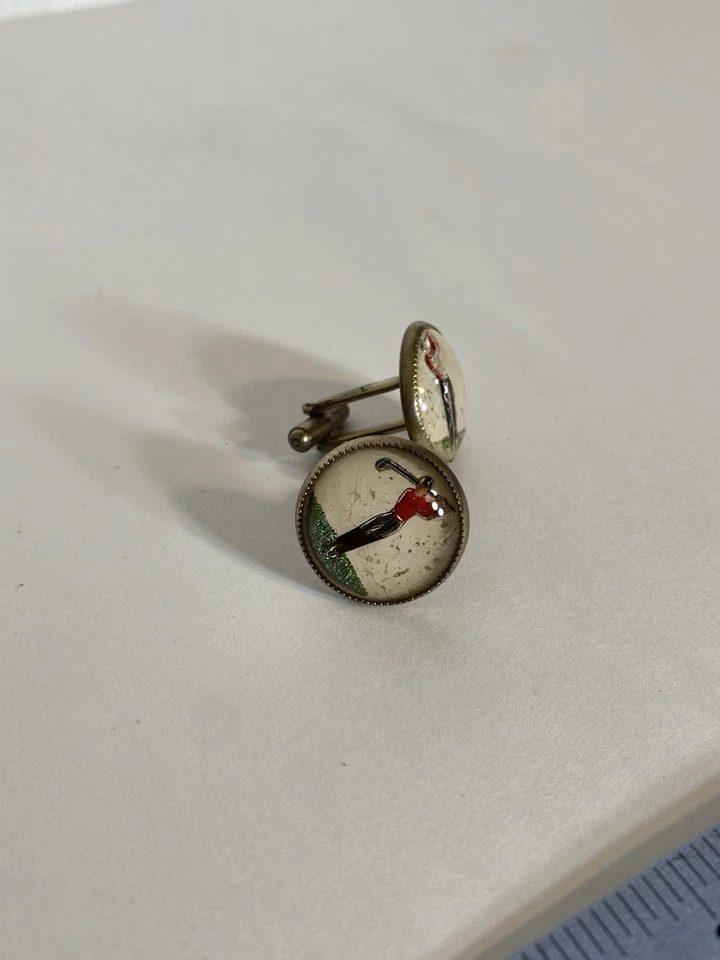 Camisa roja gemelos diseño estudio golfista golfista vidrio pintado al revés vintage RARA Foto 4 de 4