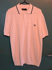 Fred Perry Men's White Knit Polo Shirt Black Trim Logo Striped Size M