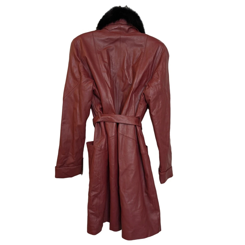 EXCELLED COLLECTION 100% Leather Faux Fur Ruby Color Women Trench Coat Sz XL - Image 2 of 4