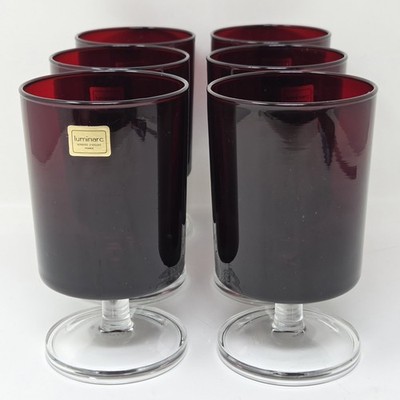 Set of 6 Vintage Luminarc ''Cavalier'' Ruby Red Pedestal Glasses Made in France