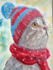 OOAK  -  COLD WINTER DAY KITTY CAT  Painting  Art