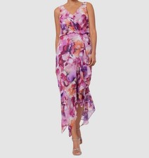 X by Xscape Womens Purple Chiffon Floral Ruffled V-Neck Dress Petite Size 6P