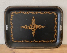 Large Hand Painted Vintage Tole Tray Black with Gold