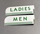 VINTAGE 15” 1958 RESTROOM SET PORCELAIN SIGN CAR GAS OIL TRUCK MOTORCYCLE