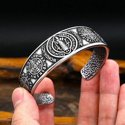 St Benedict Protection Bracelet Catholic Cross Amulet Stainless Steel Men Bangle