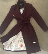 Ted Baker Burgundy Long Wrap Wool/Cashmere Blend Trench Coat Size 2 UK 10 