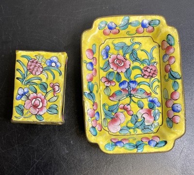 Antike chinesische Canton gelbe Emaille Streichholzschachtel Deckel und Tablett um 1900