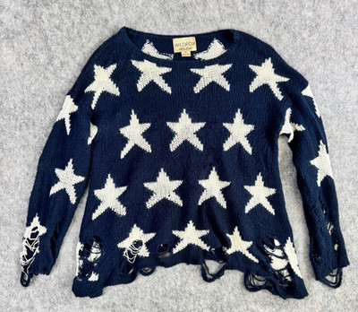 Wildfox White Label Star Sweater Destroyed Lennon Sz M Blue