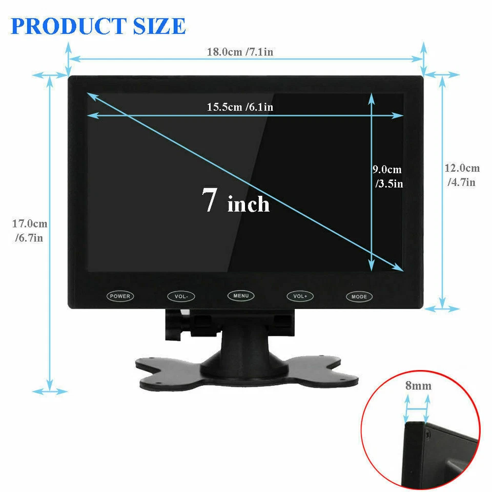 7" Display Small Portable Monitor USB LCD Screen AV VGA HDMI Security Speakers - Image 3 of 4