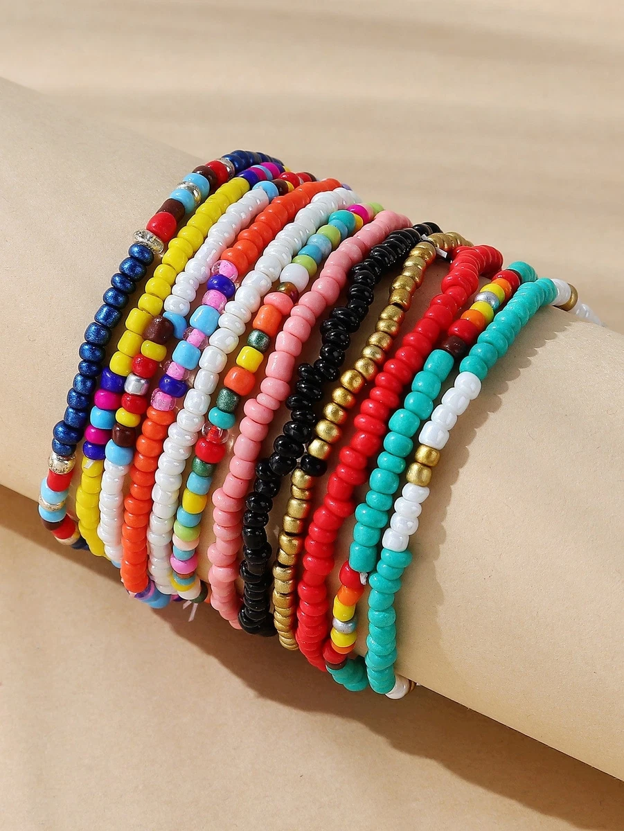 12pcs Mixed Color Beaded Bracelet Boho Style Crafted Small Beads Design  Stretchy