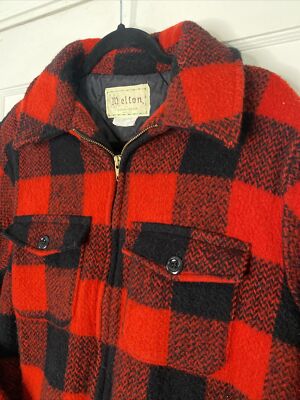 Vintage 60s Melton Mackinaw Buffalo Check Wool Hunting Jacket Red