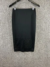 Sans Souci Pencil Skirt Women's Size S Black Laser Cut Midi Career Skirt Stretch