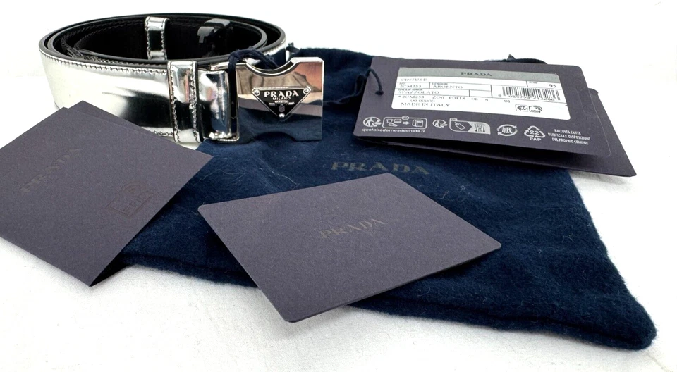 NWT Prada Argento Metallic Silver Leather Silver Triangle Logo Buckle Belt Sz 95 - Image 3 of 4